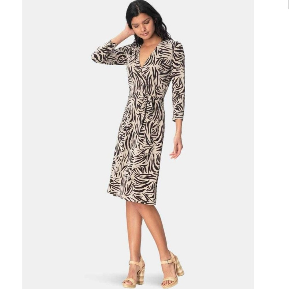 Leota Black Tan Zebra Safari Print Perfect Wrap Dress
